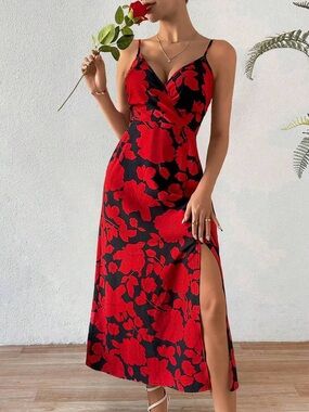 SHEIN Black Maxi Dress with Red Floral Pattern